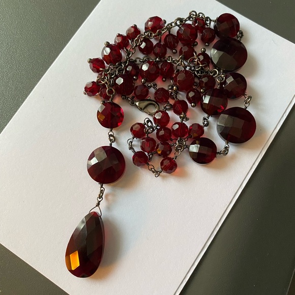 Garnet Red Faceted Glass Beaded Drop Necklace - Picture 2 of 11